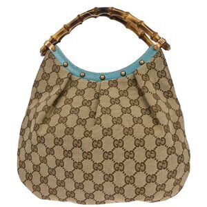 Gucci Vintage Bamboo Hobo Gg Canvas Beige,Blue Canvas Handbag (Pre-Owned)
